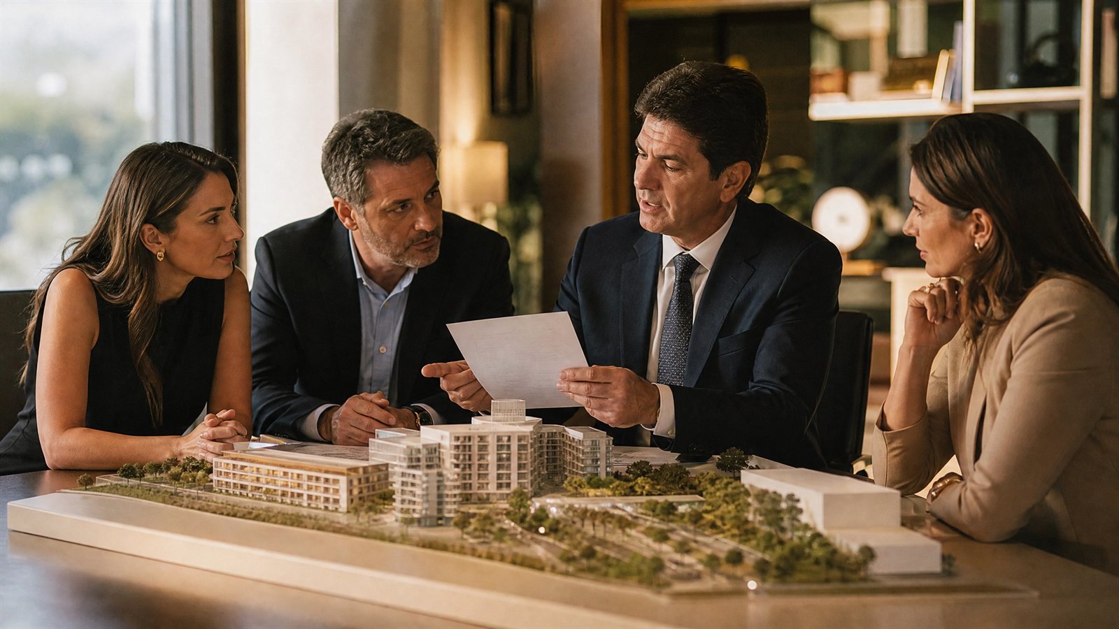 Advogado imobiliário em Belo Horizonte apresentando o contrato e a maquete de um grande empreendimento a três investidores em reunião de assessoria