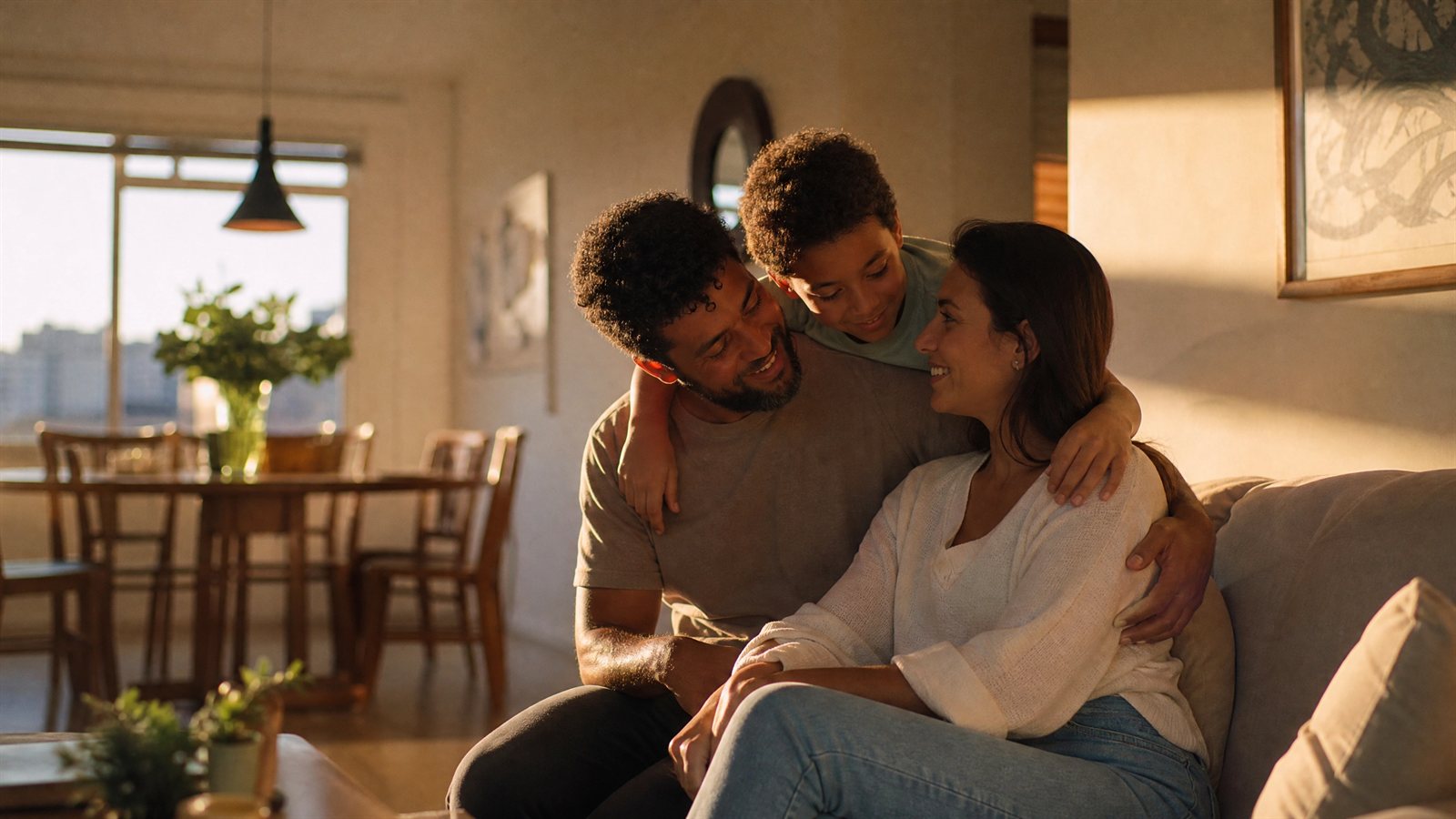 Família brasileira reunida e serena em casa, representando o acompanhamento jurídico em direito de família em Belo Horizonte