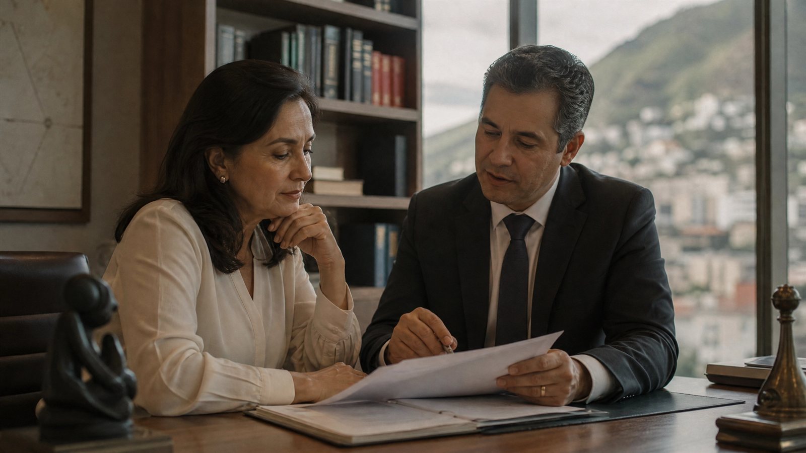 Cliente analisando os documentos da herança ao lado de advogado em Belo Horizonte, em decisão ponderada e serena sobre a renúncia