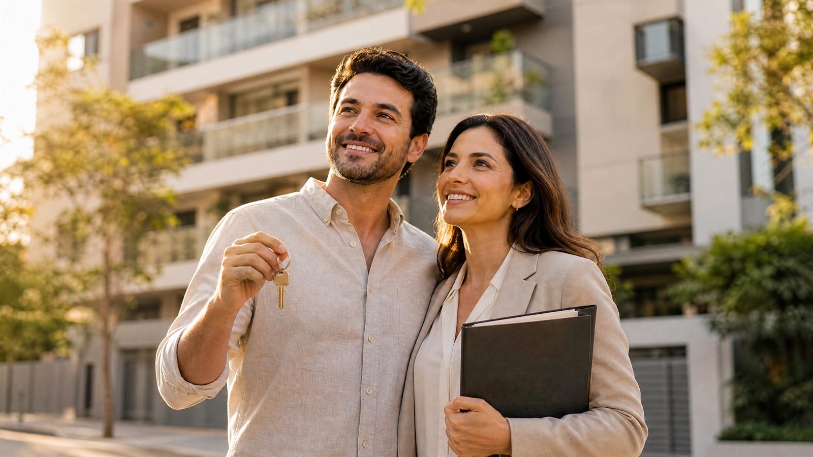 Casal feliz com as chaves do apartamento novo em frente ao prédio, imóvel regularizado com o habite-se