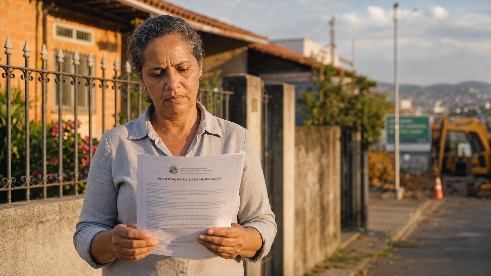 Proprietário avaliando a notificação de desapropriação em frente ao seu imóvel, ponderando a justa indenização — advogado imobiliário em Belo Horizonte