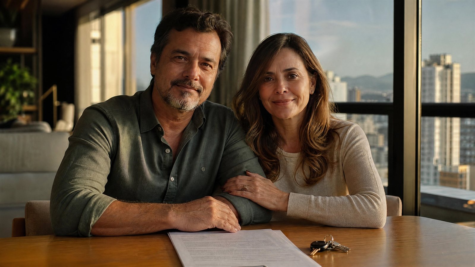 Casal de meia-idade em Belo Horizonte com a escritura pública e as chaves do imóvel recém-registrado, orientado por advogado imobiliário