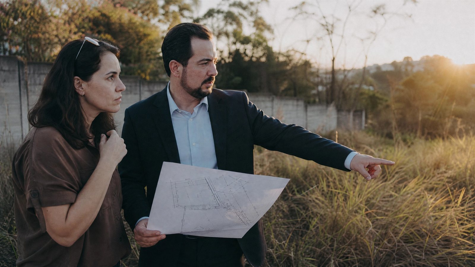 Advogado e cliente examinando a planta e a divisa de um terreno para estremação e demarcação de imóvel em Belo Horizonte