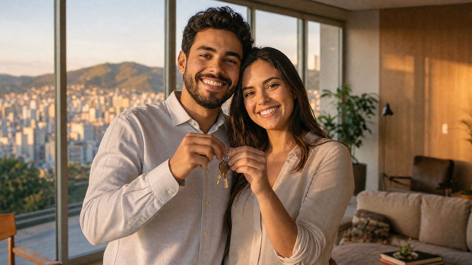 Casal jovem recém-formado com a chave do primeiro apartamento — desconto no registro