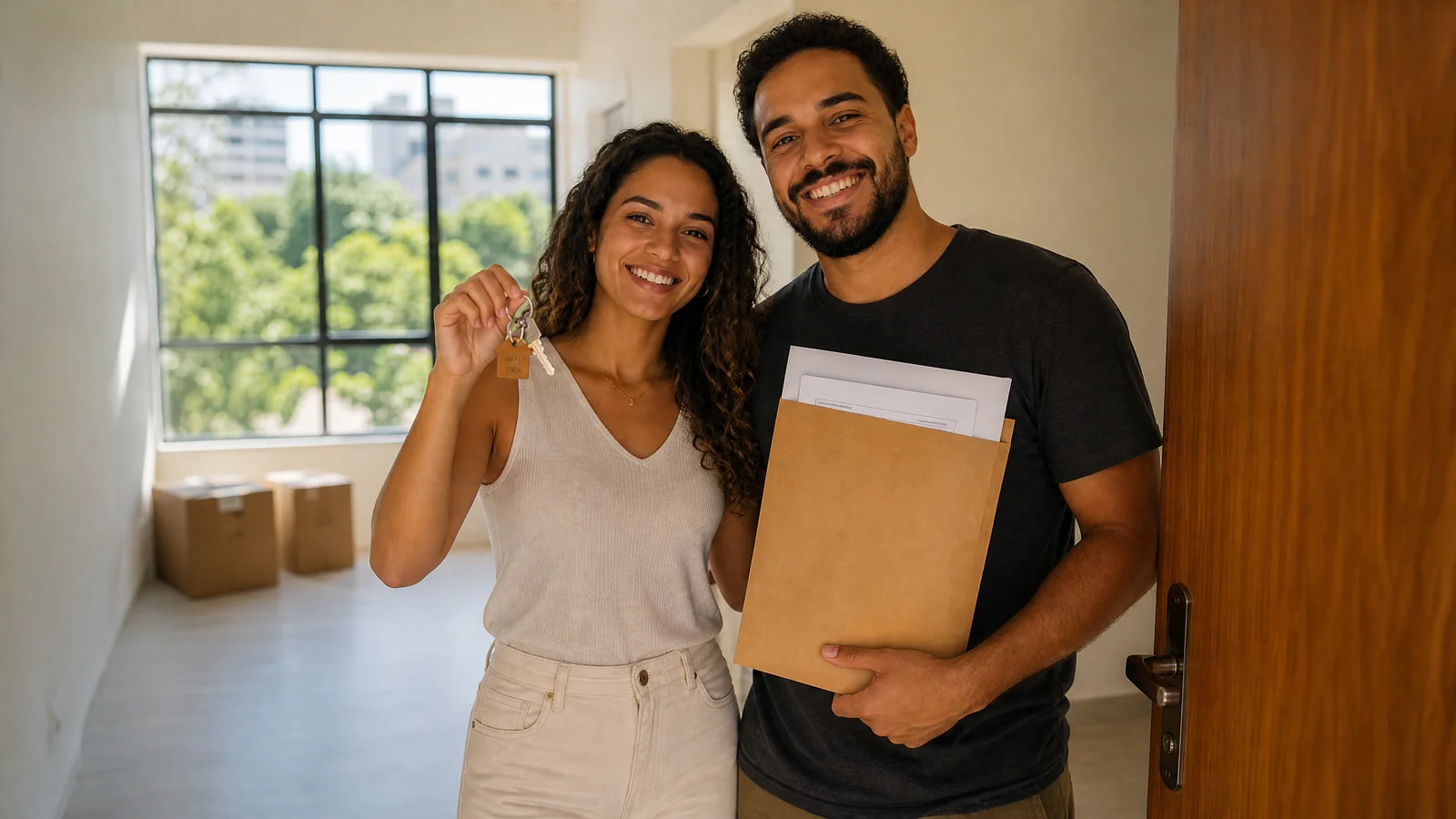 Casal jovem com as chaves e a documentação registrada do primeiro apartamento financiado — desconto de 50% nos emolumentos de registro do primeiro imóvel
