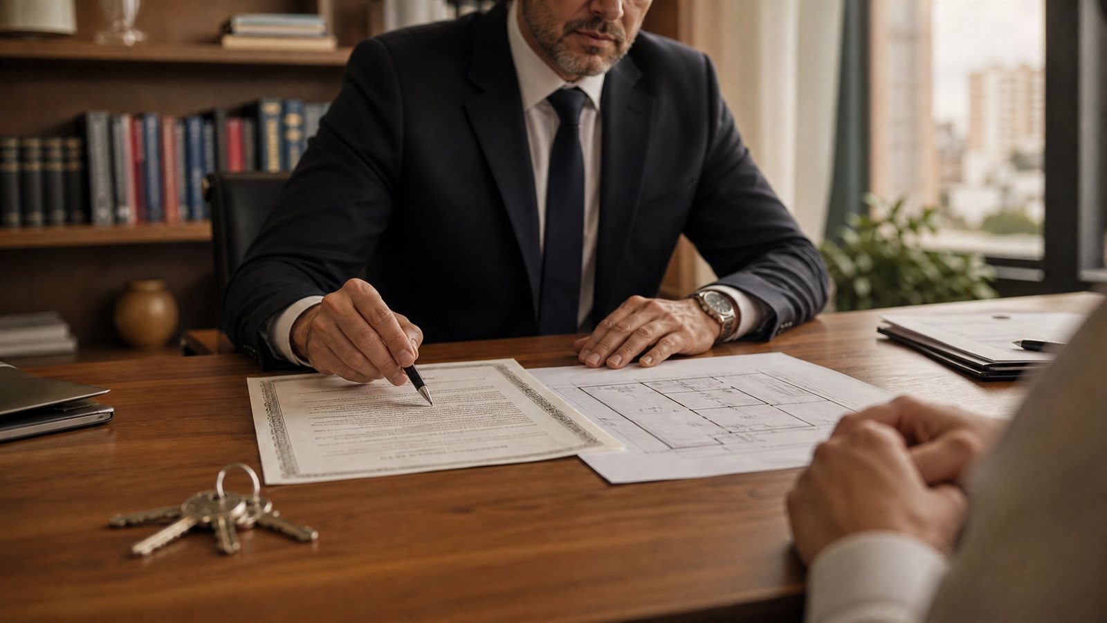 Advogado revisando a certidão de matrícula e a planta de um imóvel sobre a mesa, com molho de chaves, em escritório de Direito Imobiliário em Belo Horizonte