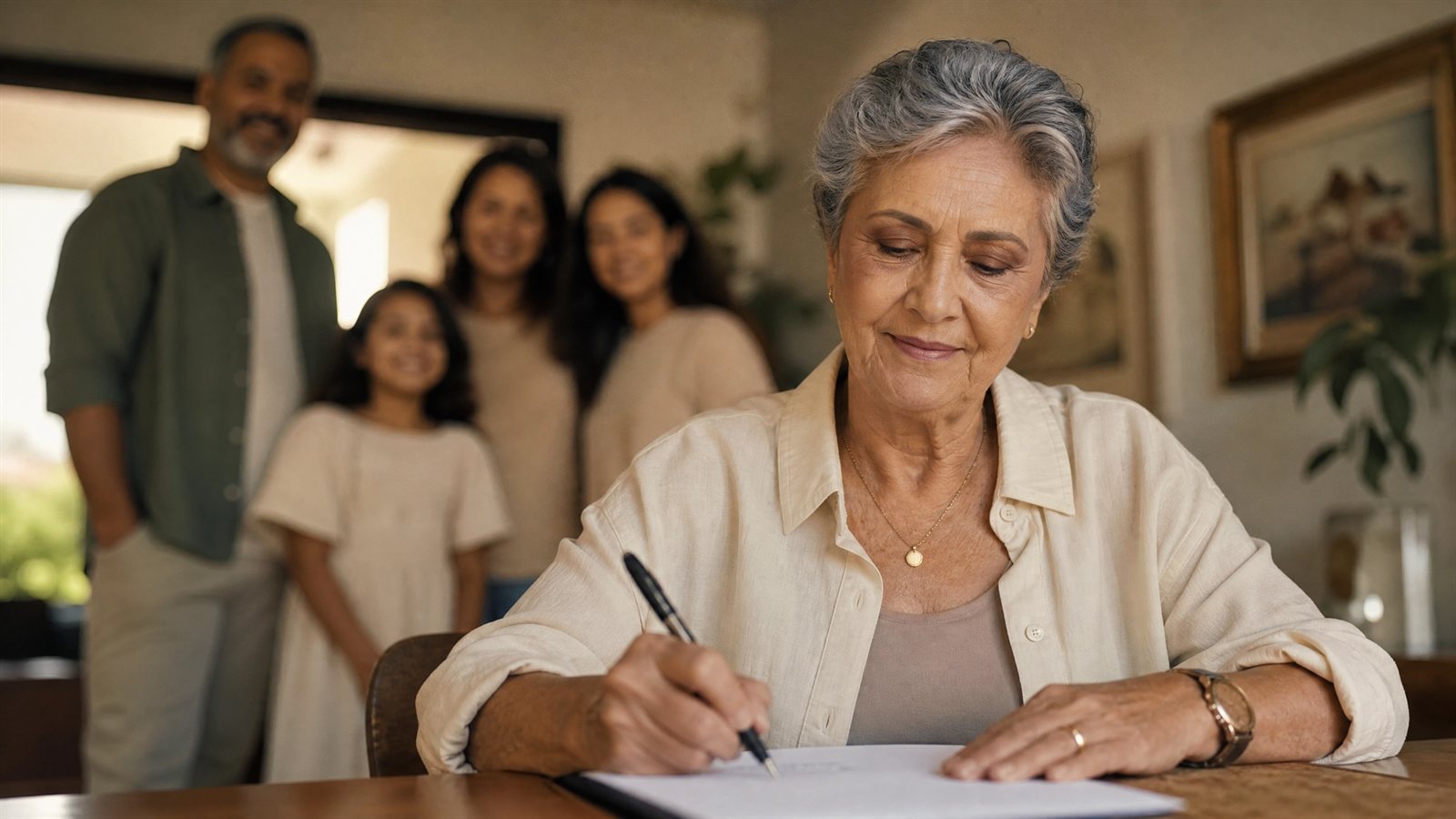 Senhora elaborando seu testamento com tranquilidade ao lado da família, planejamento sucessório com advogado em Belo Horizonte