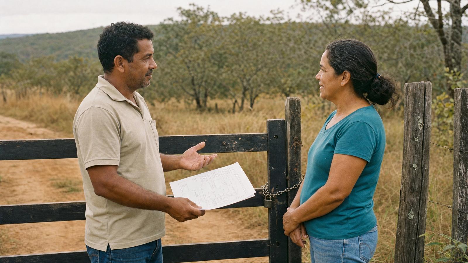 Vizinhos regularizando uma servidão de passagem na divisa rural com a matrícula em mãos — advogado imobiliário em BH