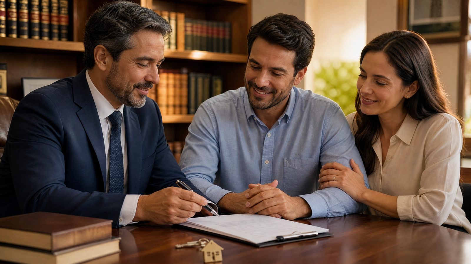 Casal revisando o contrato de compra de imovel com advogado em Belo Horizonte