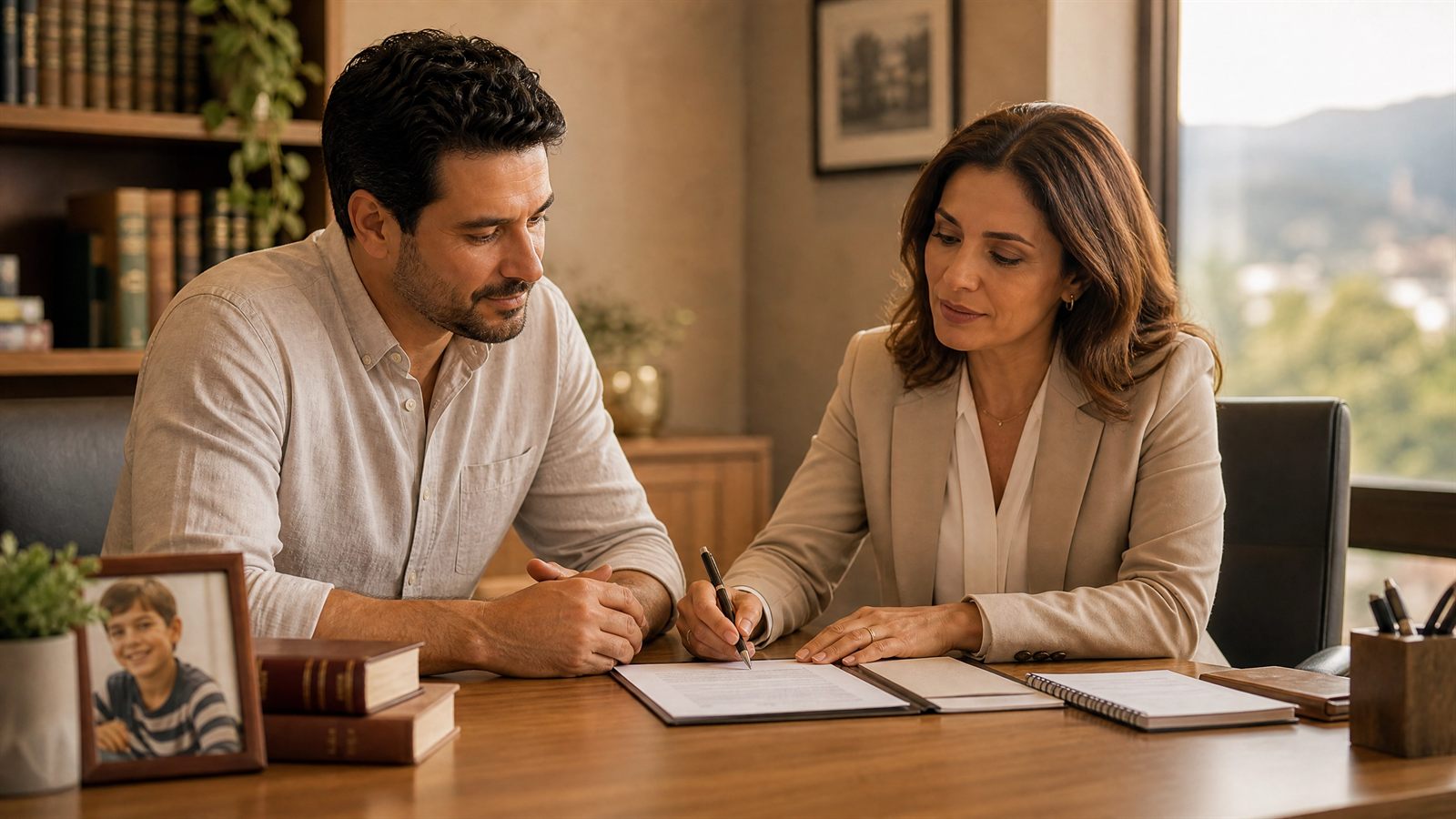 Pai consultando advogada de família sobre revisão de pensão alimentícia em Belo Horizonte