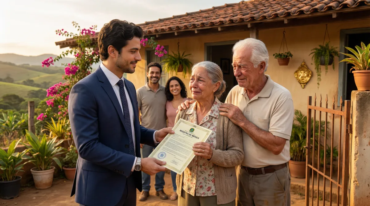 Advogado especialista em usucapião entregando documento de propriedade para família brasileira - Leandro Fialho Advogados em Belo Horizonte MG