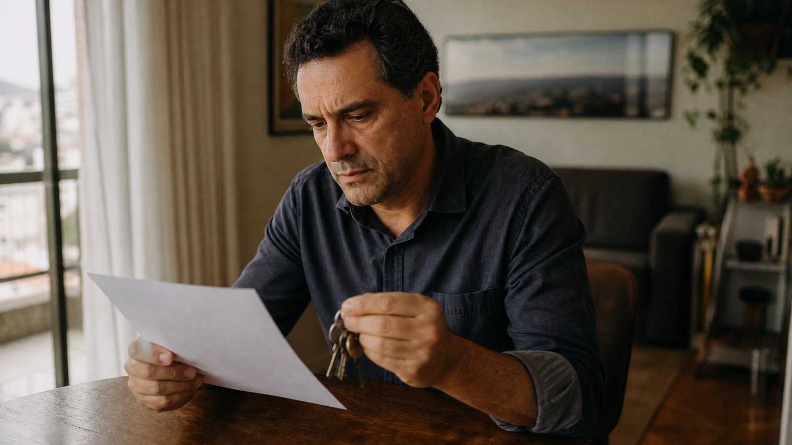 Proprietário revisando contrato de locação e chaves durante uma ação de despejo em Belo Horizonte