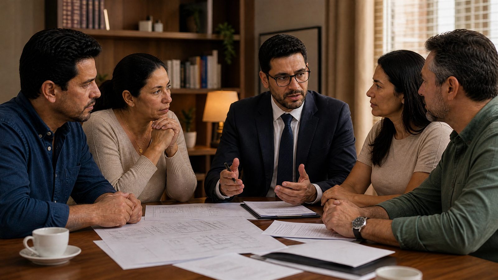 Reunião de adquirentes com advogado discutindo os custos e o rateio da obra