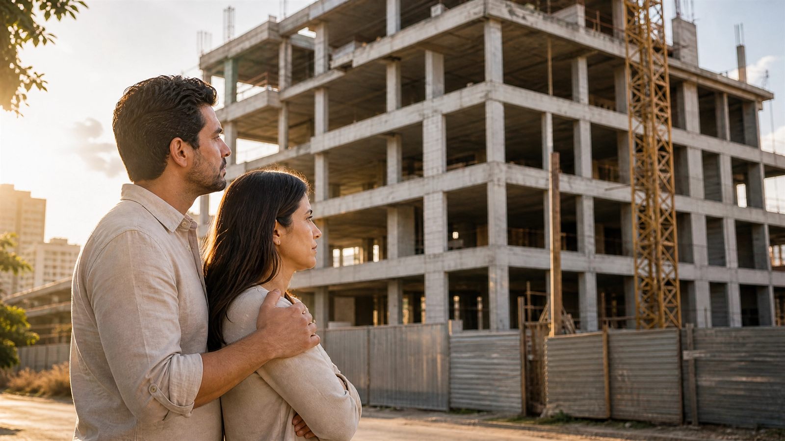 Casal observando preocupado um prédio em construção parado, com a obra interrompida
