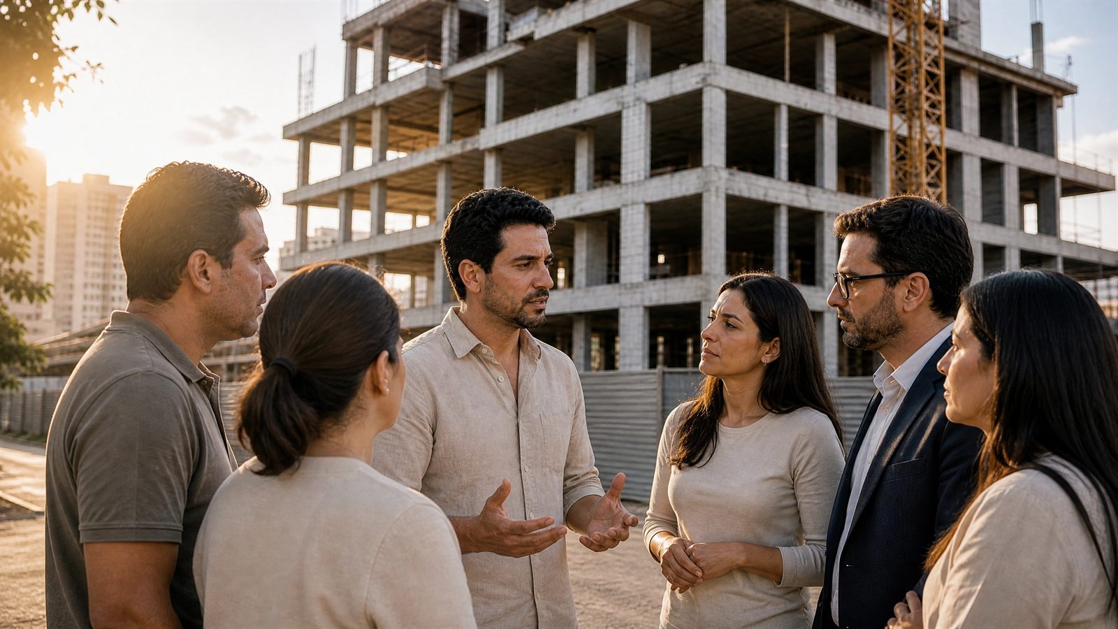 Grupo de adquirentes reunido diante de obra parada decidindo assumir a continuidade do empreendimento