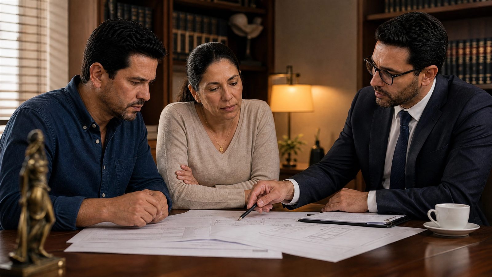 Comissão de adquirentes e advogado analisando contratos de construção e plantas sobre a mesa
