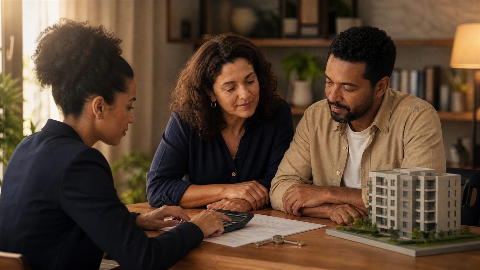 Comissão de corretagem no imóvel na planta: casal revisando os valores com consultor