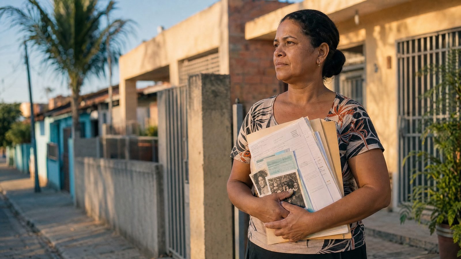 Moradora diante de casa autoconstruída em comunidade consolidada enfrentando desapropriação — direito à indenização pela posse, advogado em Belo Horizonte