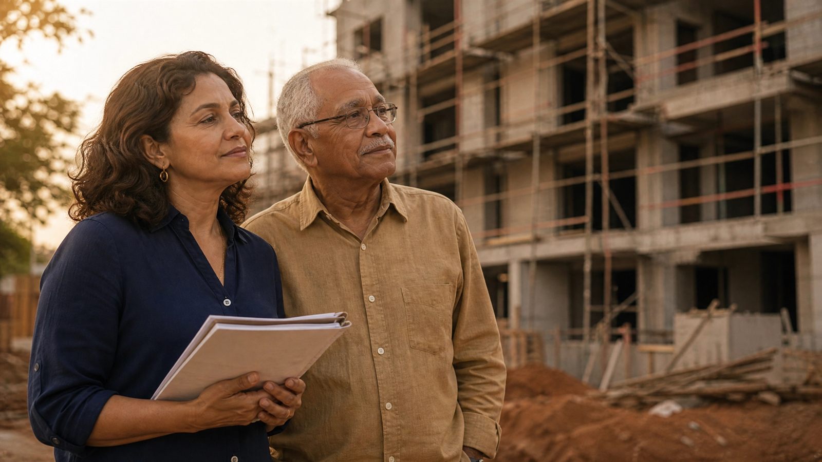 Distrato por atraso de obra: casal diante de prédio em construção parado da construtora