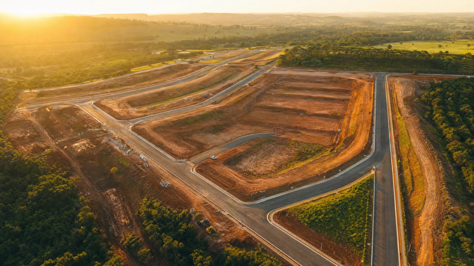 Vista aerea de loteamento de alto padrao em fase de implantacao, com vias e quadras ja demarcadas