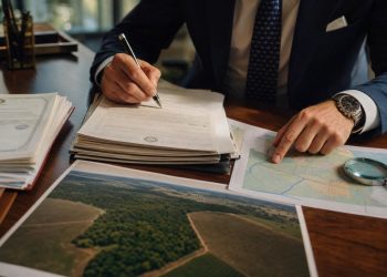 Due diligence imobiliaria de gleba: matricula, mapa cadastral e imagem aerea do imovel em analise