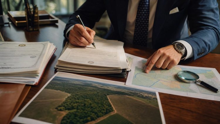 Due diligence imobiliaria de gleba: matricula, mapa cadastral e imagem aerea do imovel em analise