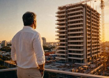 Incorporador observando torre residencial de alto padrao em fase final de incorporacao ao entardecer