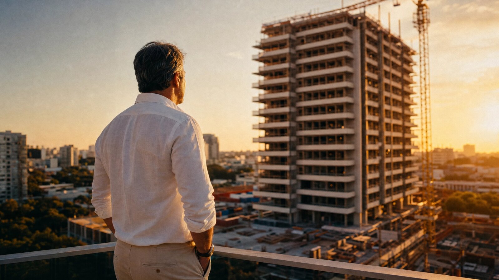 Incorporador observando torre residencial de alto padrao em fase final de incorporacao ao entardecer