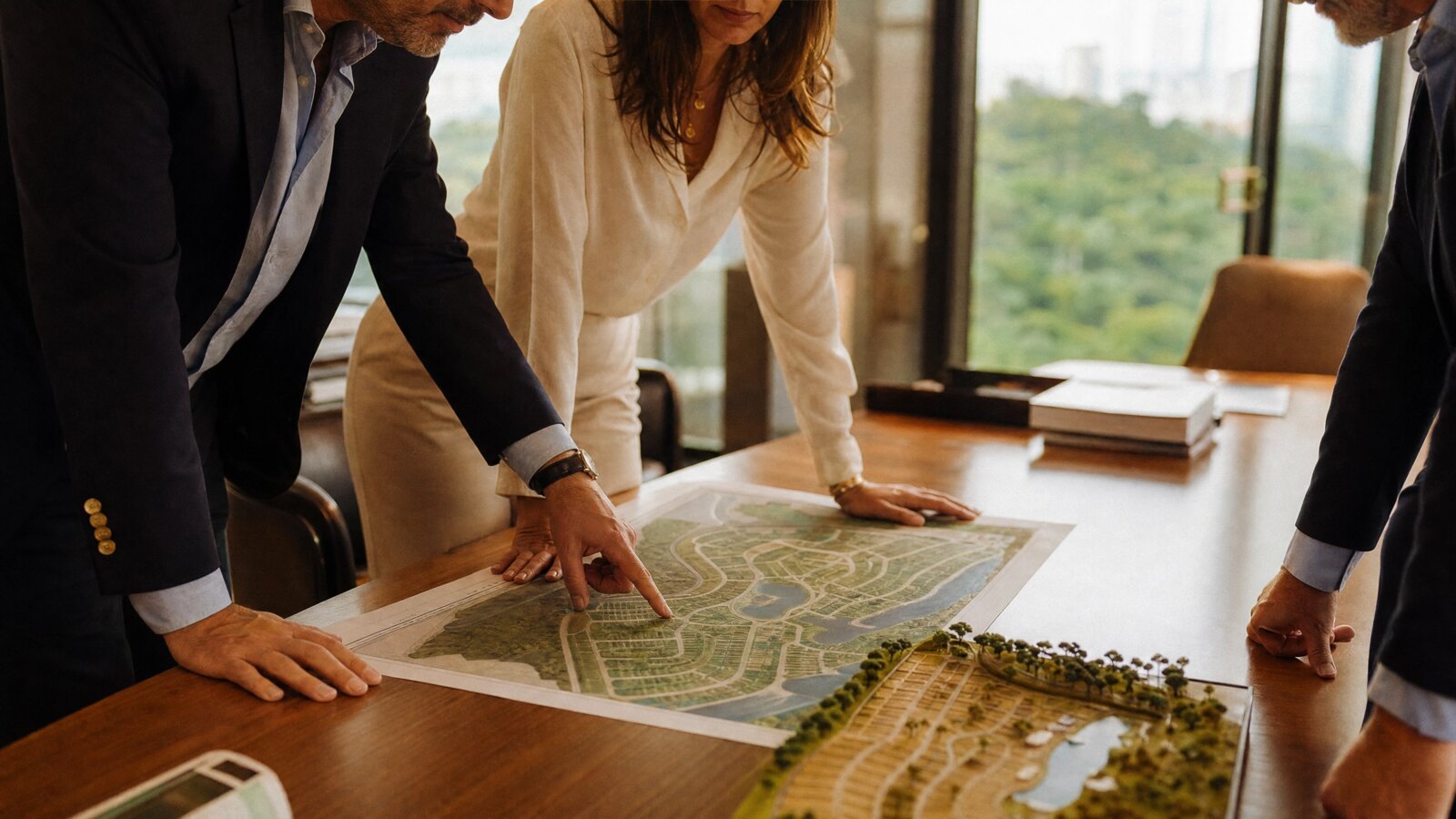 Reuniao de assessoria juridica a incorporadora com masterplan e maquete de loteamento sobre a mesa