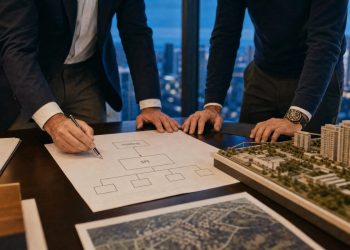 Estruturacao de empreendimento imobiliario com organograma de holding e SPE e maquete sobre a mesa