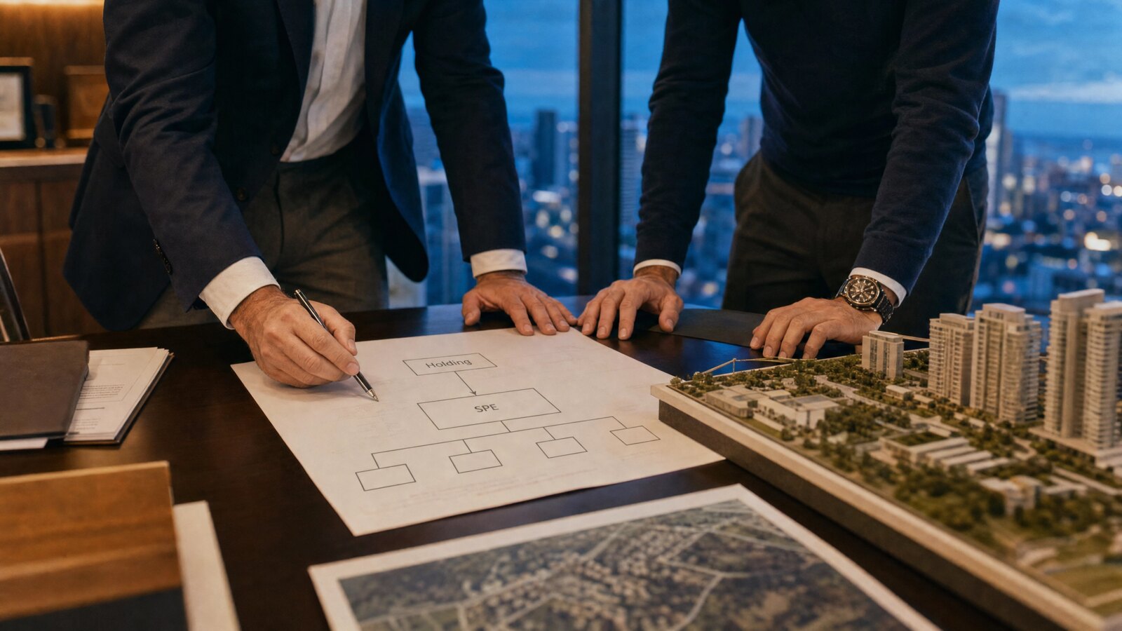 Estruturacao de empreendimento imobiliario com organograma de holding e SPE e maquete sobre a mesa