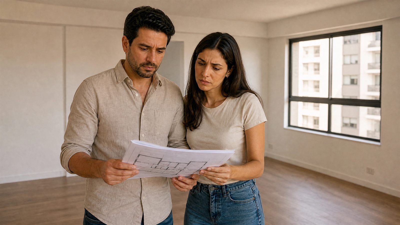 Casal comparando a planta do contrato com o apartamento entregue diferente do prometido