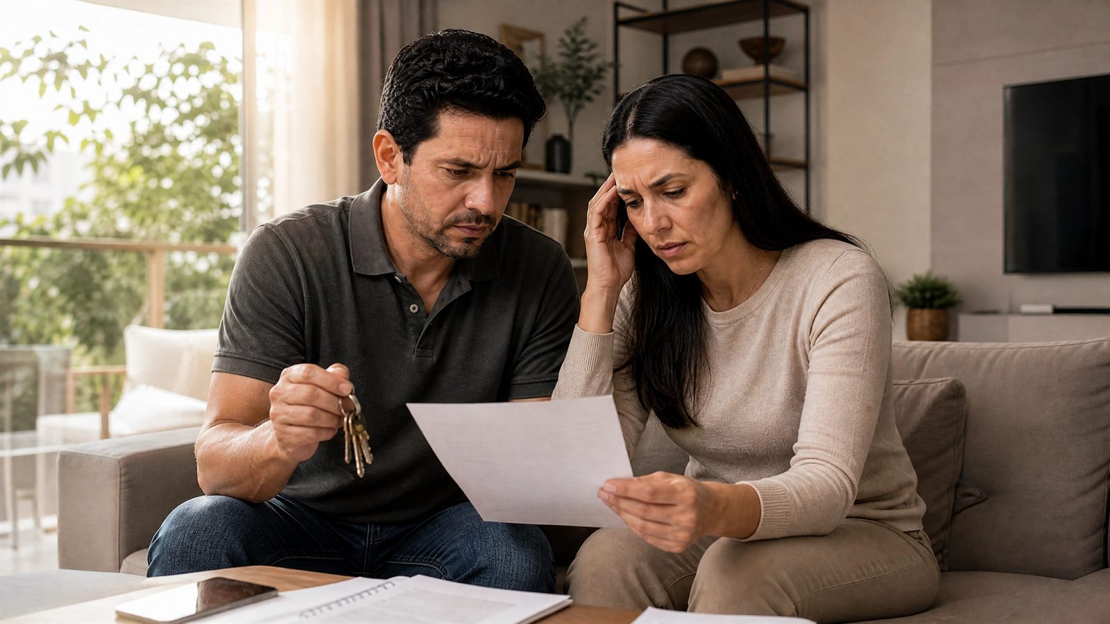 Casal com as chaves do apartamento analisando preocupado um documento, por falta da matrícula individualizada
