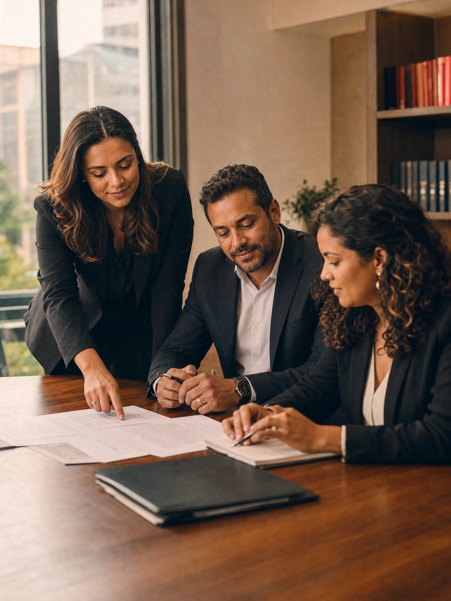 Equipe de advogados da LFA Advogados revisando documentos em reunião