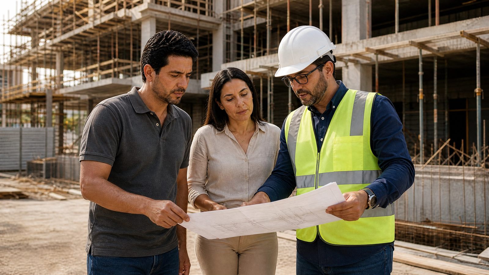 Comissão de adquirentes e engenheiro avaliando a obra para contratar uma nova construtora