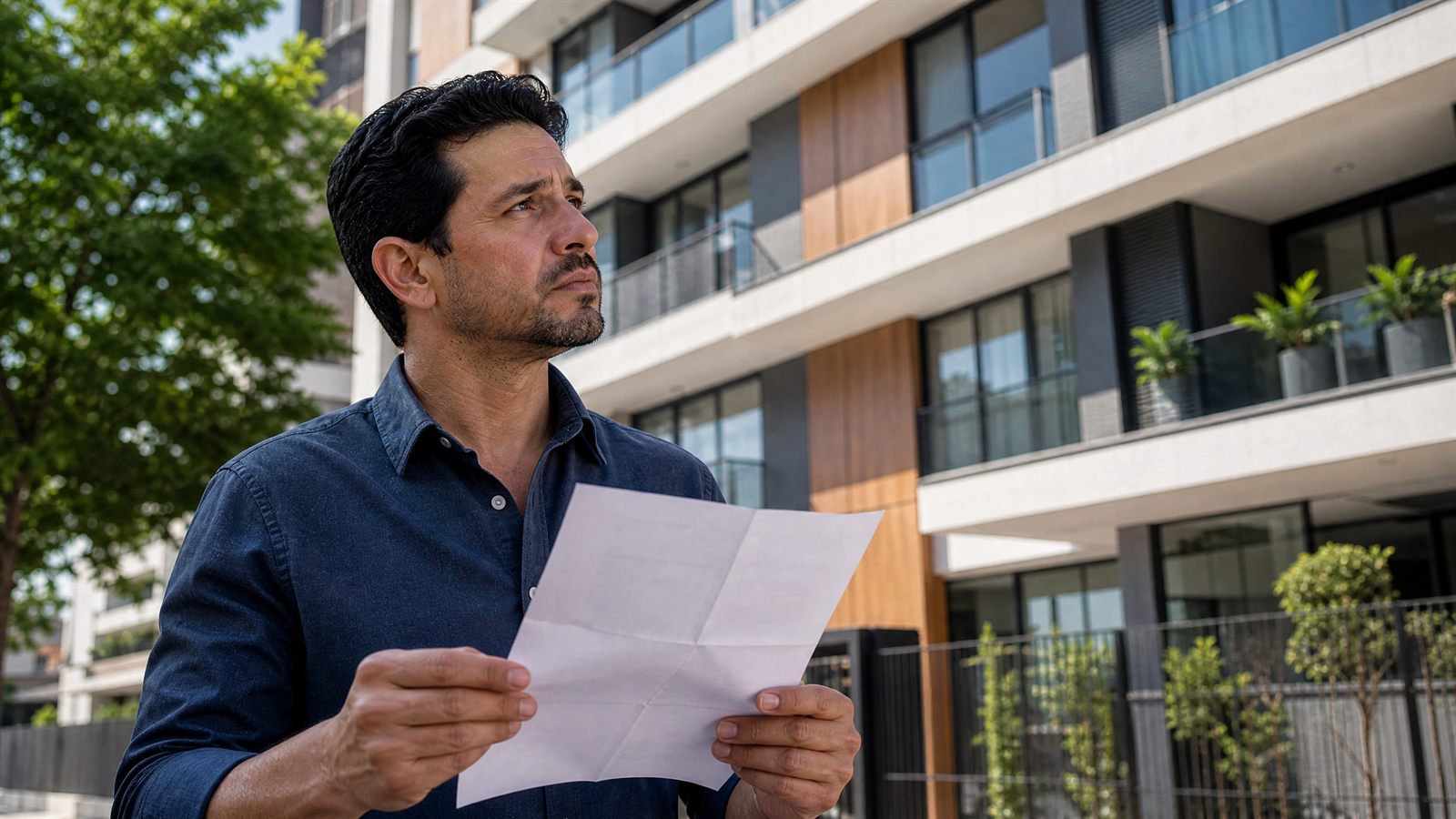Homem diante de edifício residencial concluído conferindo uma certidão que ainda descreve apenas o terreno