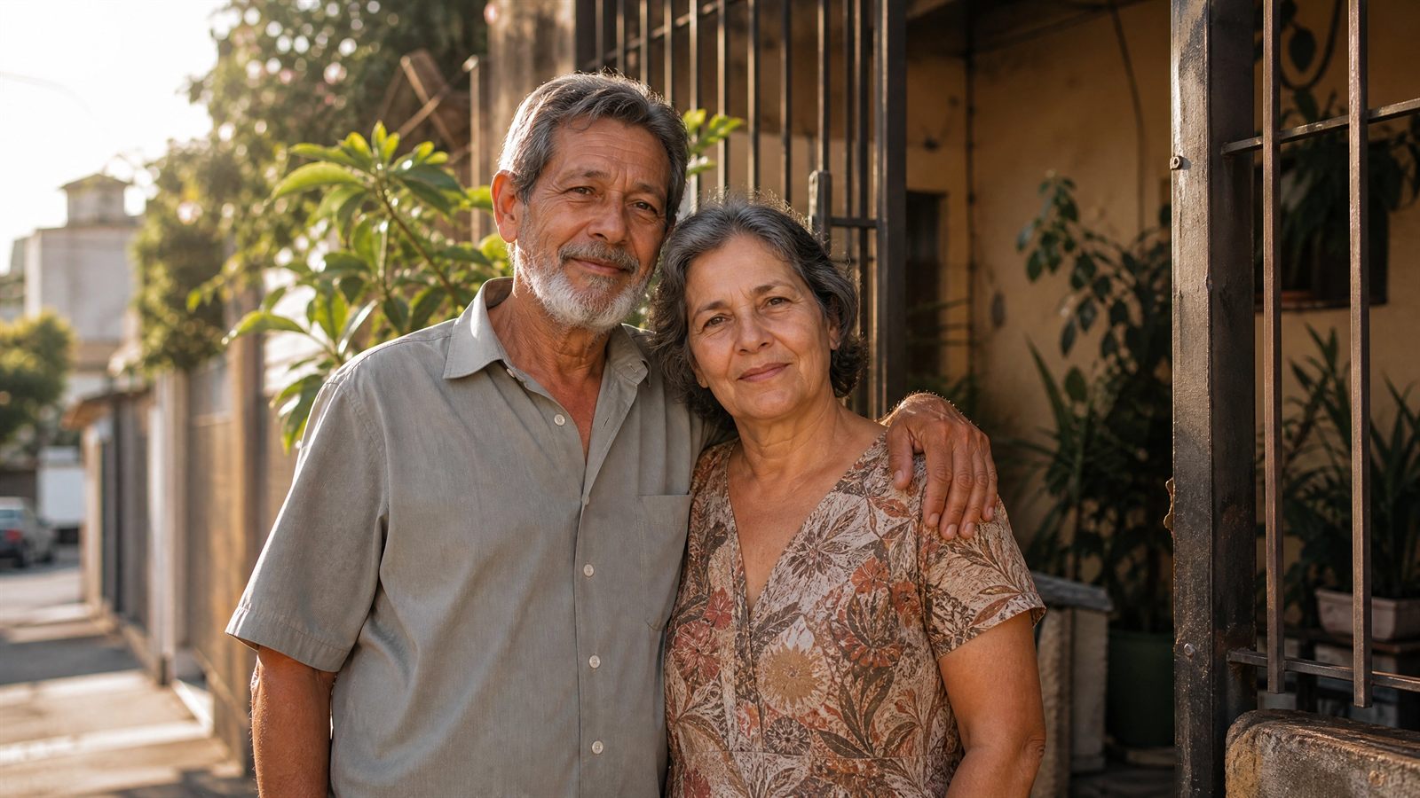 Casal idoso em frente à casa onde moram há décadas, ilustrando a usucapião extraordinária pela posse longa