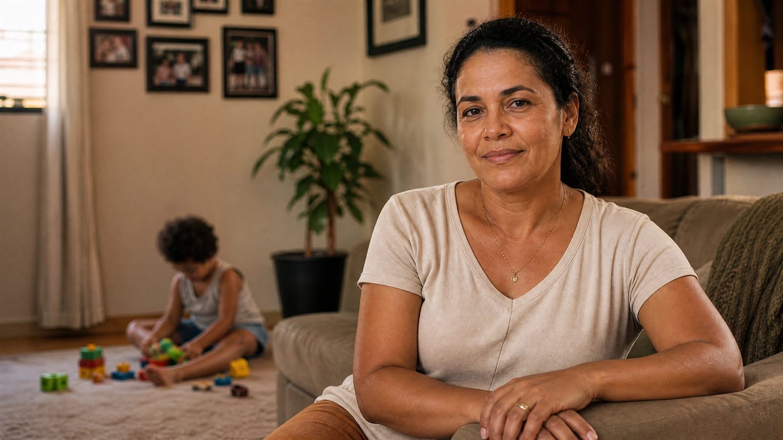 Mulher serena em casa com o filho ao fundo, ilustrando a usucapião familiar por abandono de lar