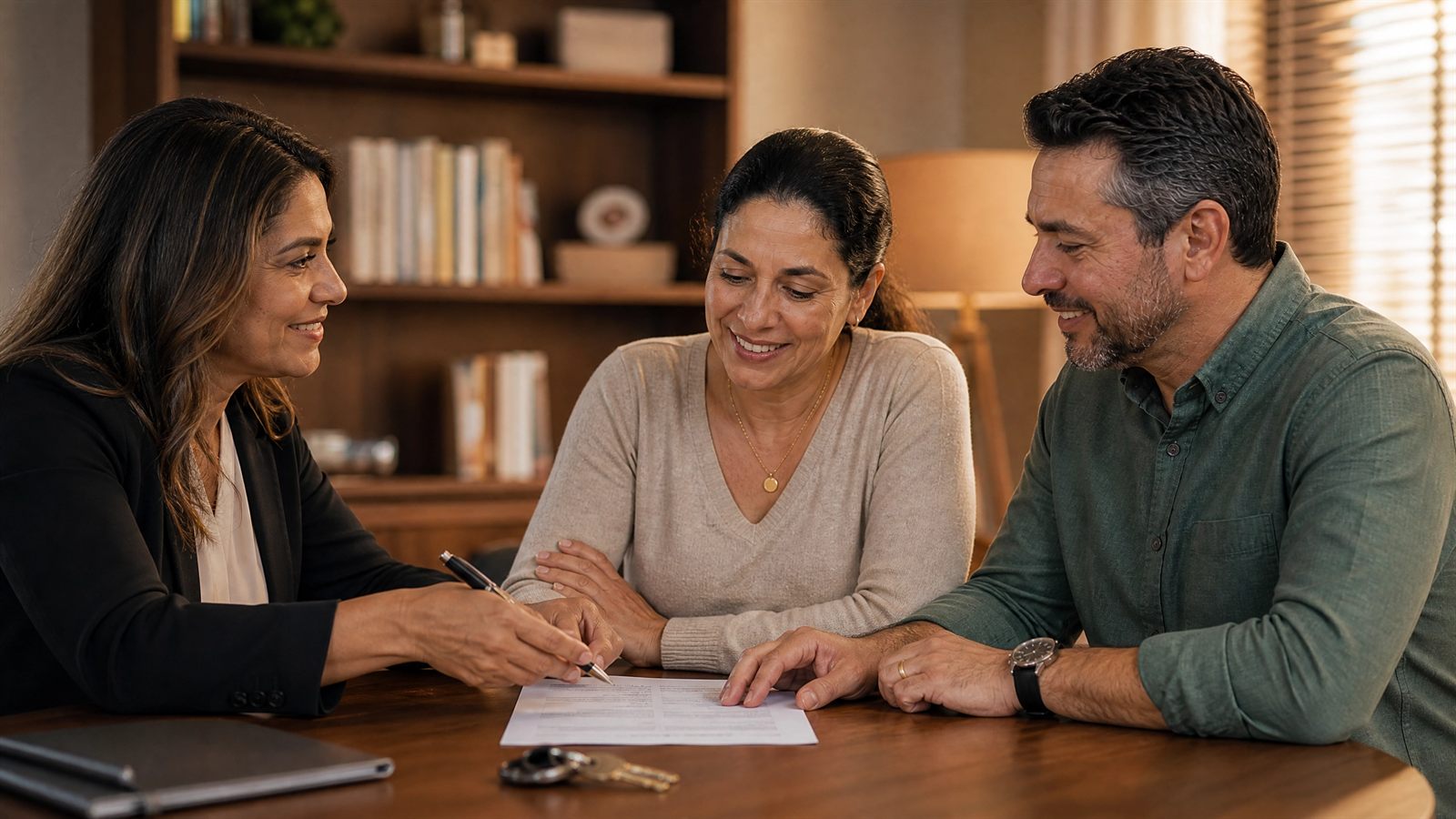 Casal com advogada analisando contrato e chaves, representando a usucapião ordinária com justo título e boa-fé