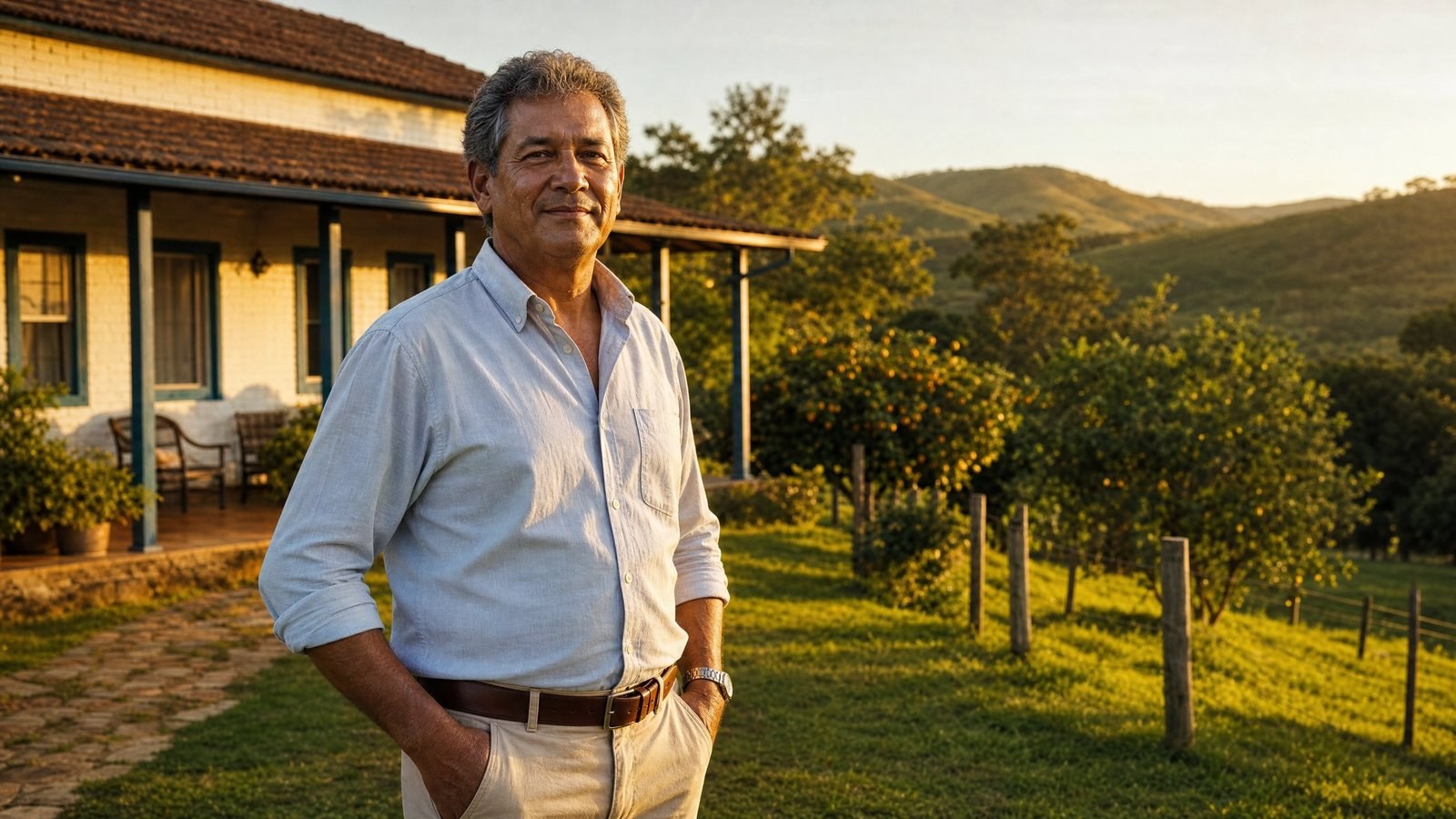 Proprietário rural diante da sede da fazenda e do pomar em produção — benfeitorias reprodutivas e não reprodutivas na desapropriação