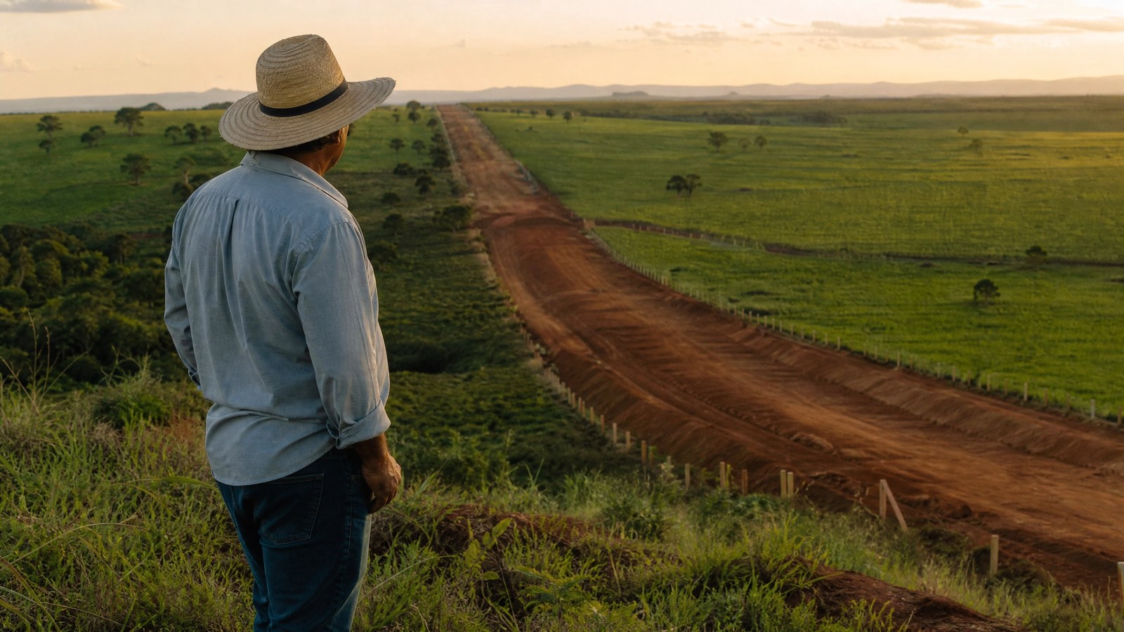 Produtor rural observa a faixa de terra aberta que corta a propriedade ao meio após desapropriação parcial