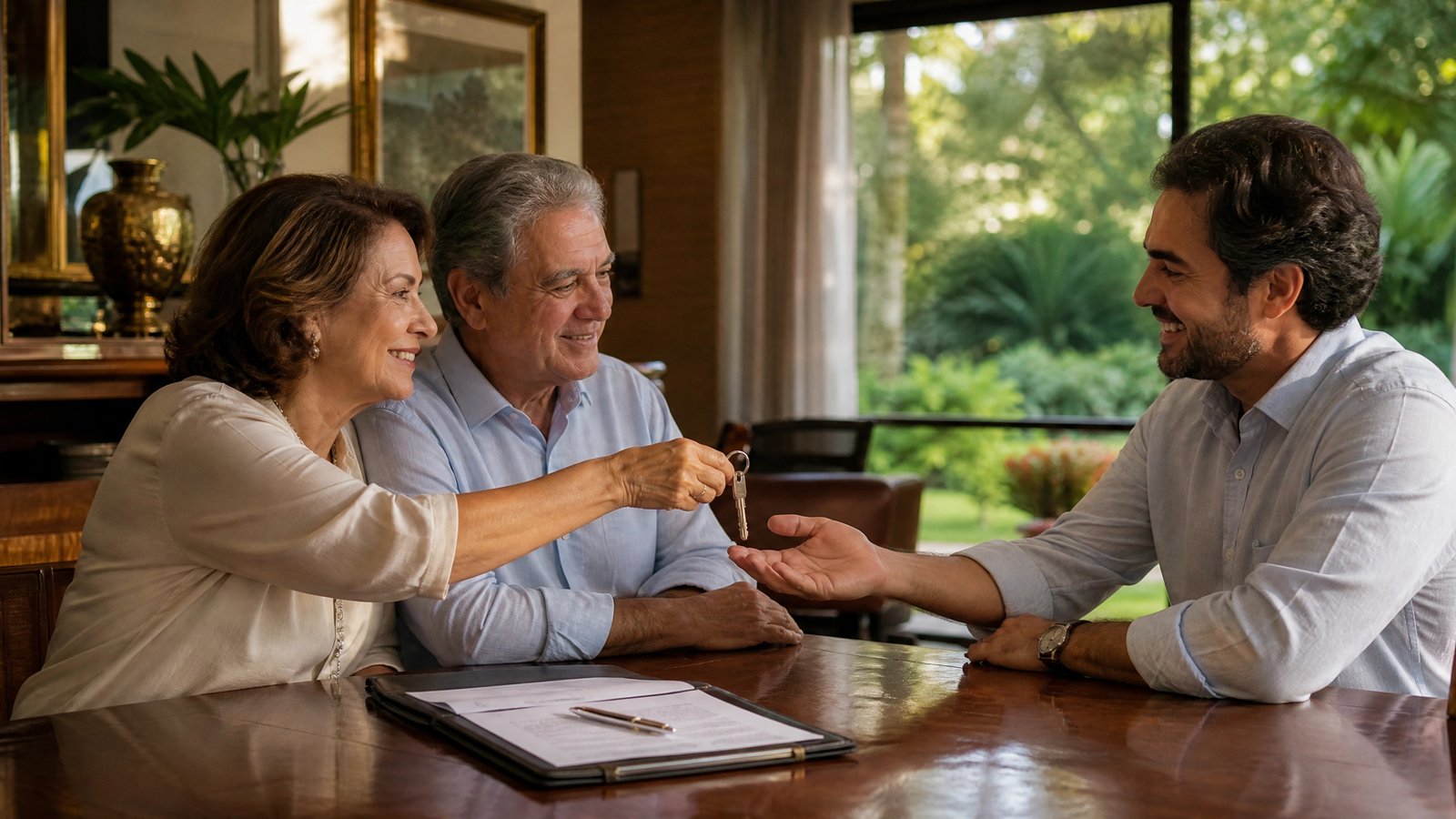 Casal maduro entrega as chaves do imóvel ao filho adulto à mesa de jantar, com a pasta de documentos da doação