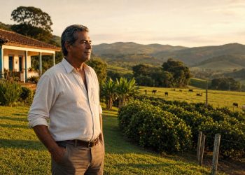 Produtor rural diante da sede da fazenda com pastagem, gado e cultura permanente — atividade econômica atingida por desapropriação
