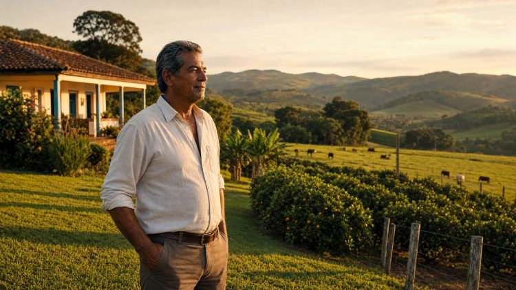 Produtor rural diante da sede da fazenda com pastagem, gado e cultura permanente — atividade econômica atingida por desapropriação